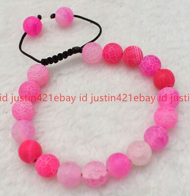 Beautiful 10mm Natural Pink Matte Dream Fire Venis Agate Round Gem Bracelet 7.5''
