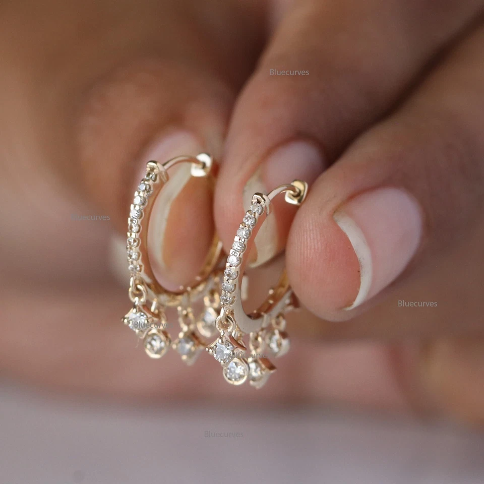 Princess & Round Cut Natural Diamond Drop Hoops Earrings in Solid14k Yellow Gold - Image 3 of 4