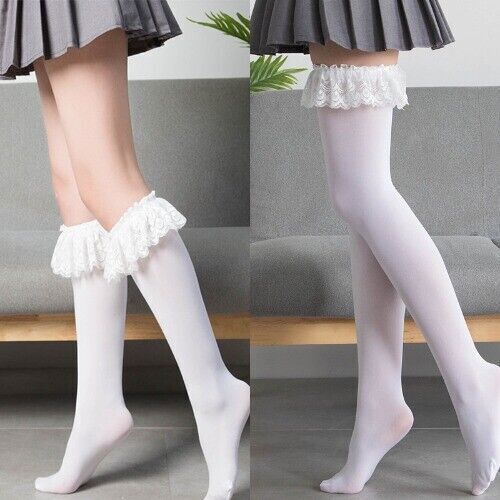 Socks Lace Cute Black White Velvet Lolita Long Socks Sexy Knee High Socks Kawaii - Imagen 1 de 25