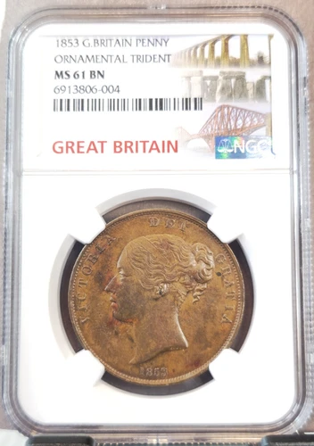 1853 GREAT BRITAIN 1 PENNY ORNAMENTAL TRIDENT QUEEN VICTORIA NGC MS 61 BN RARE