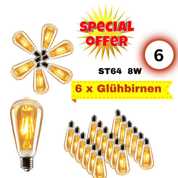 6 * E27 Led 8W Lampen Filament Dekorative Led GlüHbirne ST64 Dimmbar 2700K-image