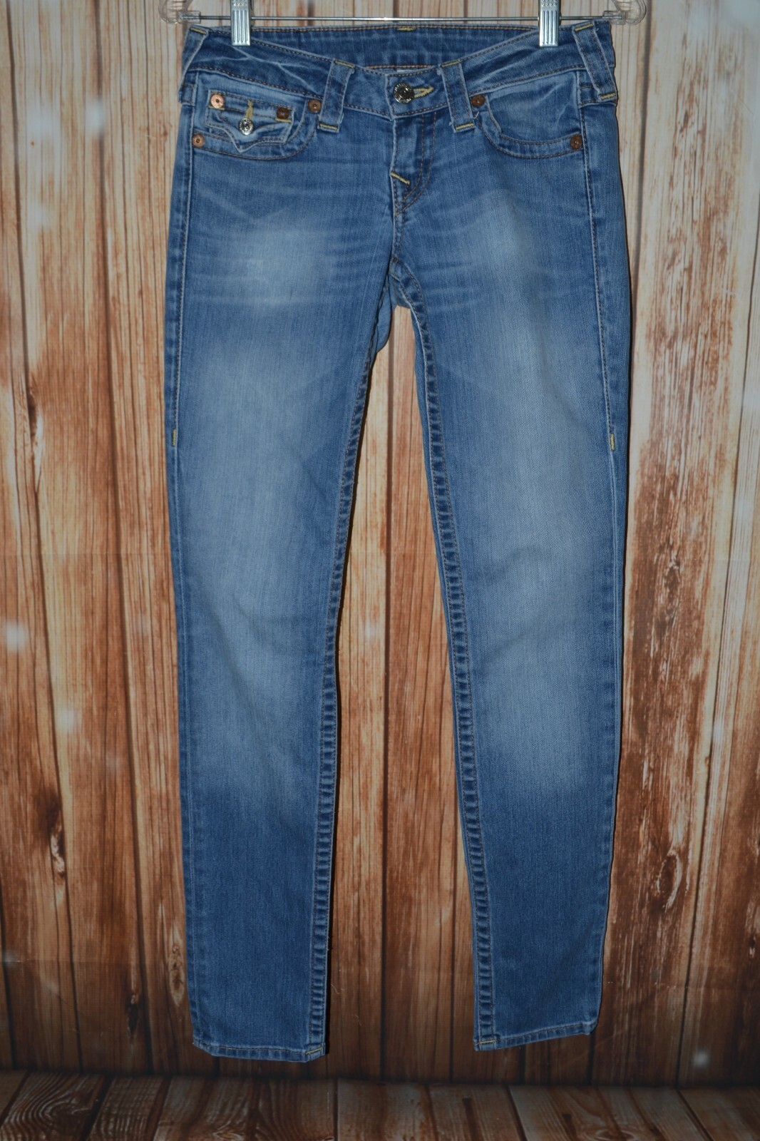 True Religion Women's Skinny Pocket Flaps Light Blue Denim Jeans Sz 25x32 thumbnail 4