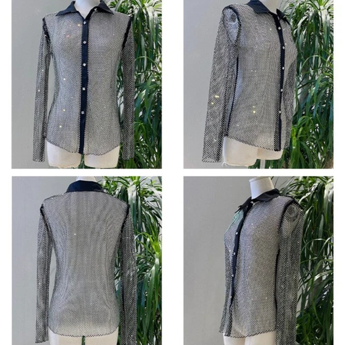Lady Rhinestone Crystal Shirt Party Blouse Net Sheer Shiny Glitter Club Wear - Picture 11 of 16