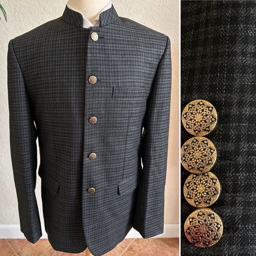 FRENCH CROWN HERREN JACKE GR 40/42 SCHWARZ GRAU KARIERT MANDARINKRAGEN BLAZER SLIM