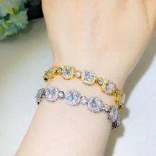 Luxury Fashion Silver Plated Square Cut Cubic Zircon Chain Link Women Bracelet 