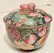 Chinese Fruit Black Cloisonne Enamel Round 6'' Bowl "PIG" Lid Cover