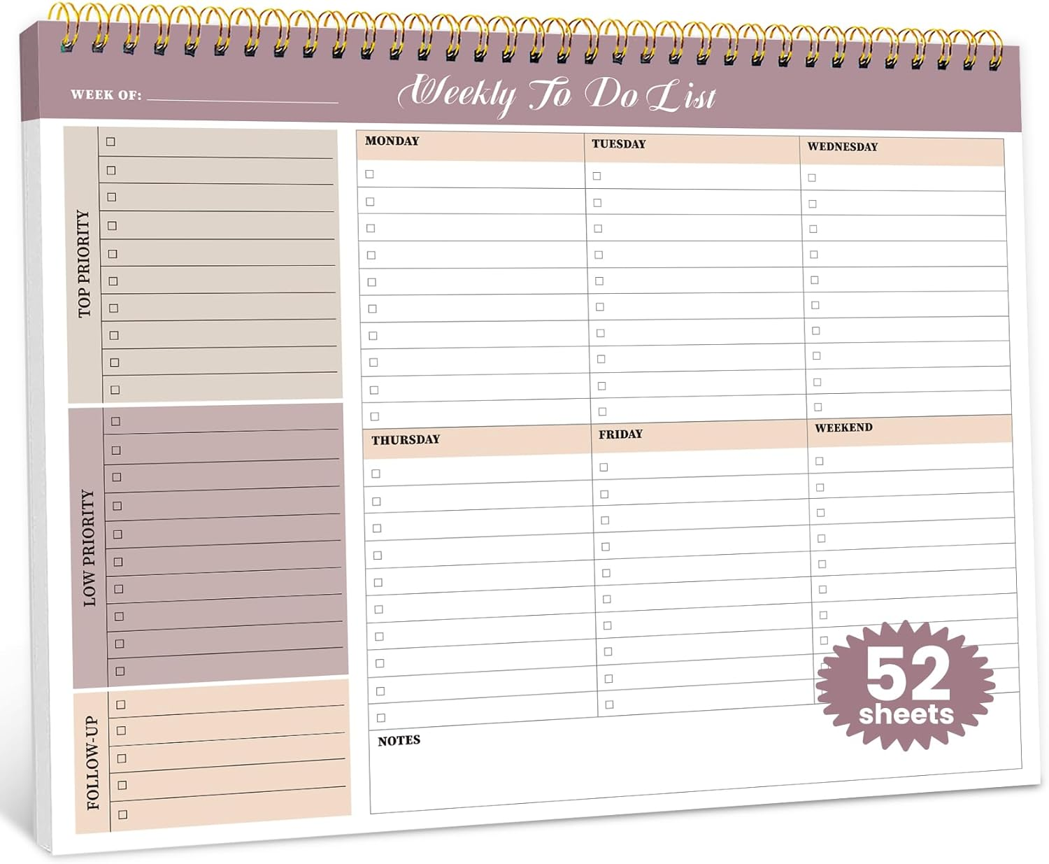 Weekly to Do List Notepad with 52 Undated Sheets（8.5