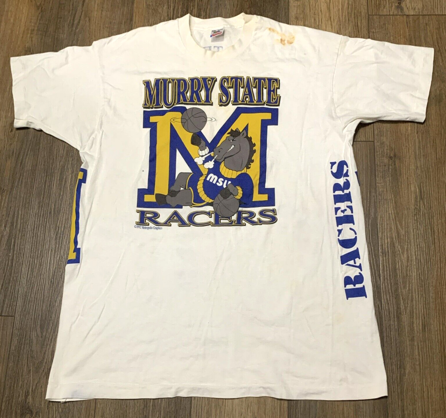 VTG Murray State Racers T Shirt XXL Double Sided Single Stitch White USA Made