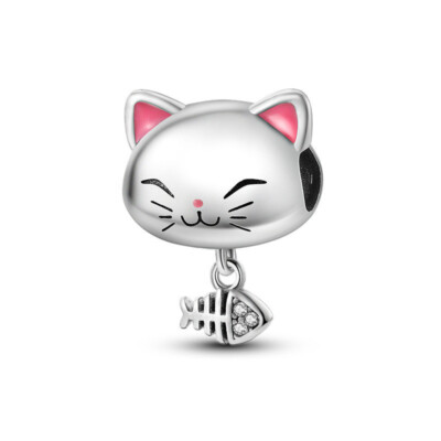 Echt Sterling Silber 925 Katze Kätzchen Fisch Kopf Haustier Liebhaber Charm