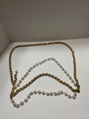 Vintage Faux Pearl Necklace Gold Tone Plus Size Classic Belt Accessory 44-46 