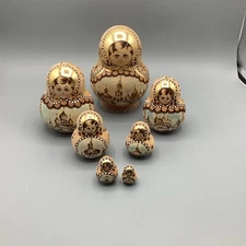 Russian Matryoshka Nesting Dolls Natural Wood Burned Gold Accents 7 dolls Signed