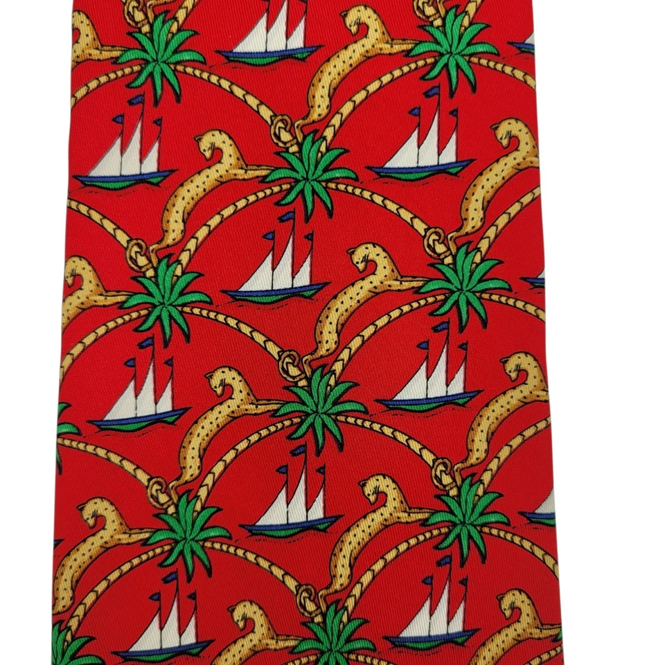 Gravata Salvatore Ferragamo Itália vela tropical 100% seda desgaste no pescoço nova sem etiquetas - Imagem 2 de 4