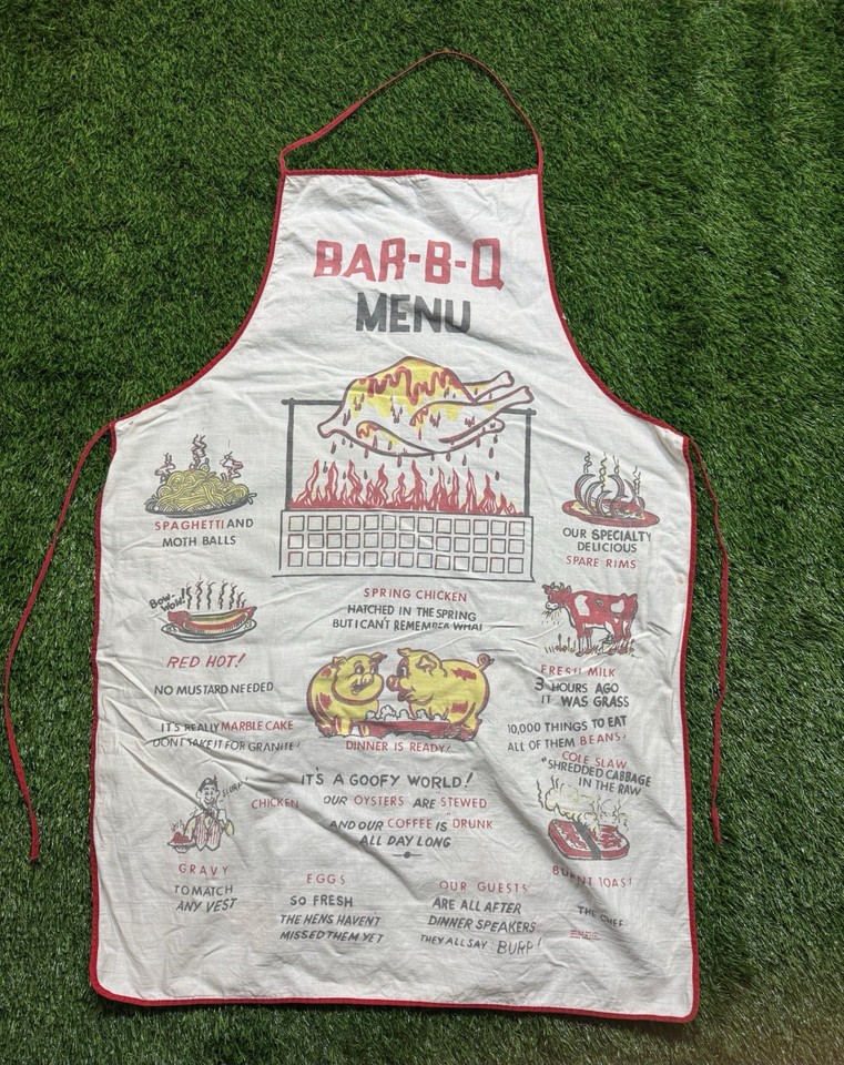 A genuine 1950s Bar-B-Q novelty apron with printed menu graphics — wearable mid-century kitsch that's actually functional and visually fantastic.