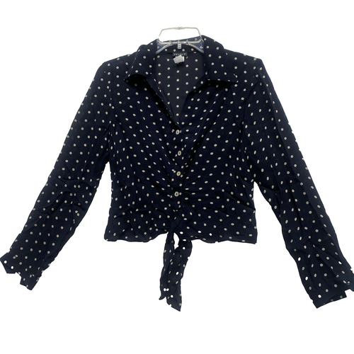 Searle Woman's Black Polka dot Size 6 Button Up 100% Silk Blouse Tie Hem Collar