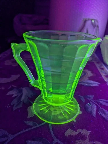 Vintage Anchor Hocking Block Optic Green Uranium Glass Footed Creamer 4"