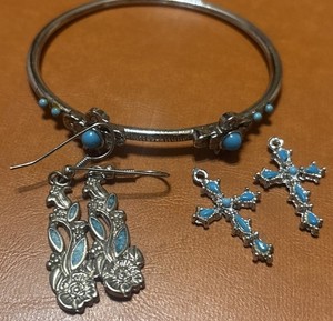 Vintage Southwestern Faux Turquoise Jewelry Lot 5 Pc Earrings Bangle Thunderbird