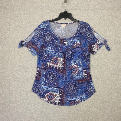 db established 1962 Top Womens Large Blue Mosiac Medallion Knit Boho Festival