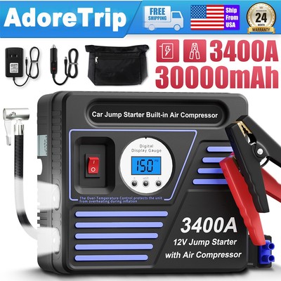 AdoreTrip 3400A Car Jump Starter Booster Battery Power Bank With Air Compressor