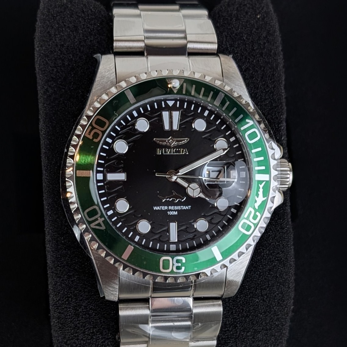 Invicta Pro Diver 43mm Men's Watch Silver Black Dial Green Bezel