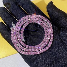 20CT Round Cut Pink Sapphire Womens Tennis Necklace 18" 14K White Gold Plated