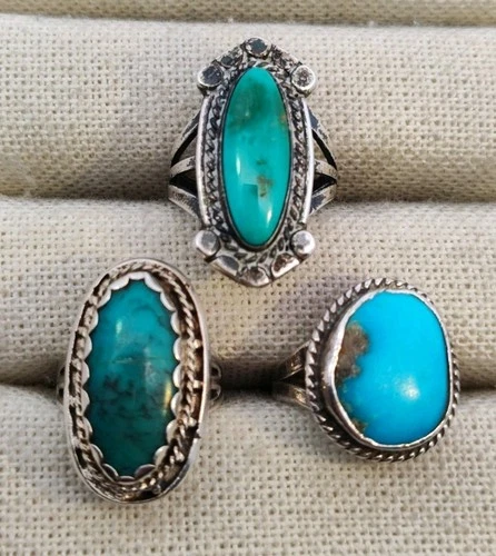 Lot of 3 Vintage Sterling Silver Navajo Rings with Turquoise