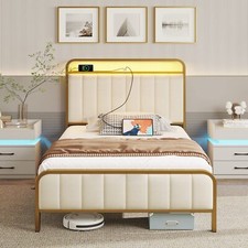 Twin Size Bed Frame With Led Light And Charging Station Upholstered Headboard An