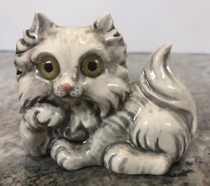Vintage 3 75 Ceramic Cat Kitten Kitty White Gray Long Haired