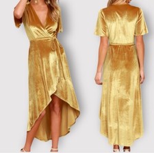 Lulus Amour Golden Velvet Wrap Hi Low Midi Dress Sz Small Short Sleeve V Neck