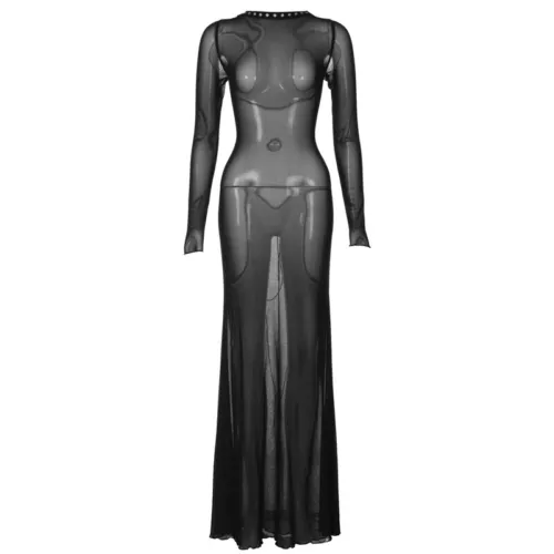 See-Through Mesh Maxi Bodycon Dress Party Evening Sheer Sexy Nightdress Women - Bild 21 von 26