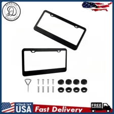 2Pcs Black Stainless Steel Metal License Plate Frame Tag Cover With Screw Caps