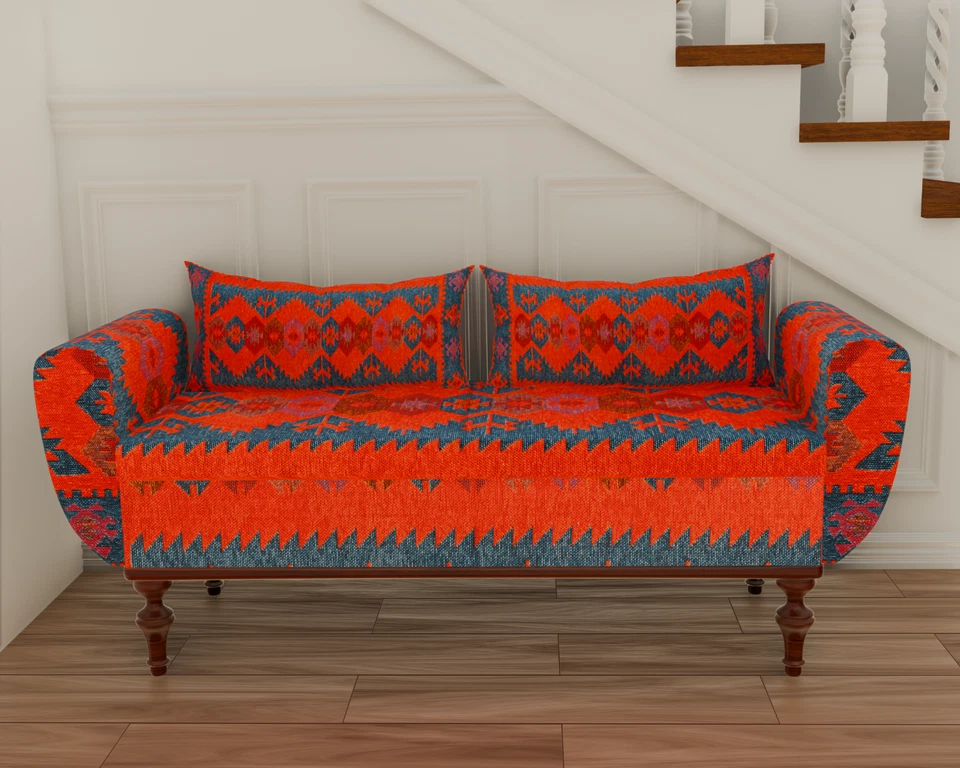 Red Blue Contemporary Kilim Pattern Armed Storage Bench Sofa without Back - Image 3 of 4