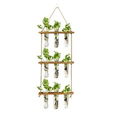 Wall Hanging Propagation Station with Wooden Stand Glass 9 Tube Vases Brown