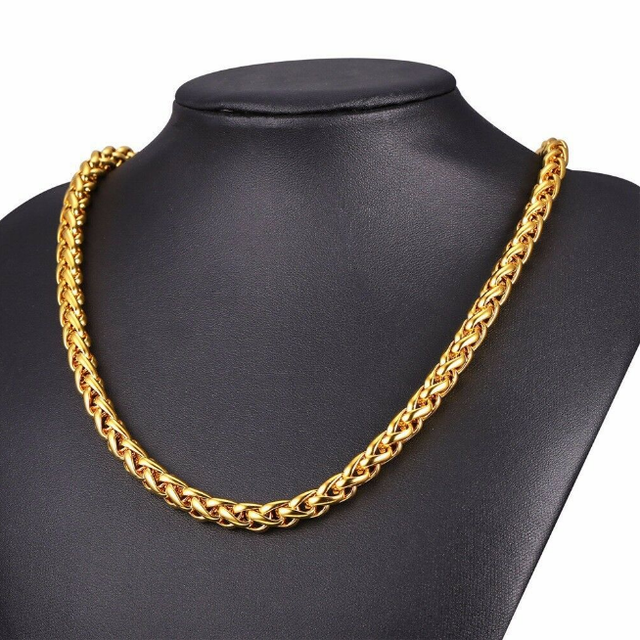 5mm Gold Plated Braided Wheat Chain Stainless Steel Necklace Men's Tone