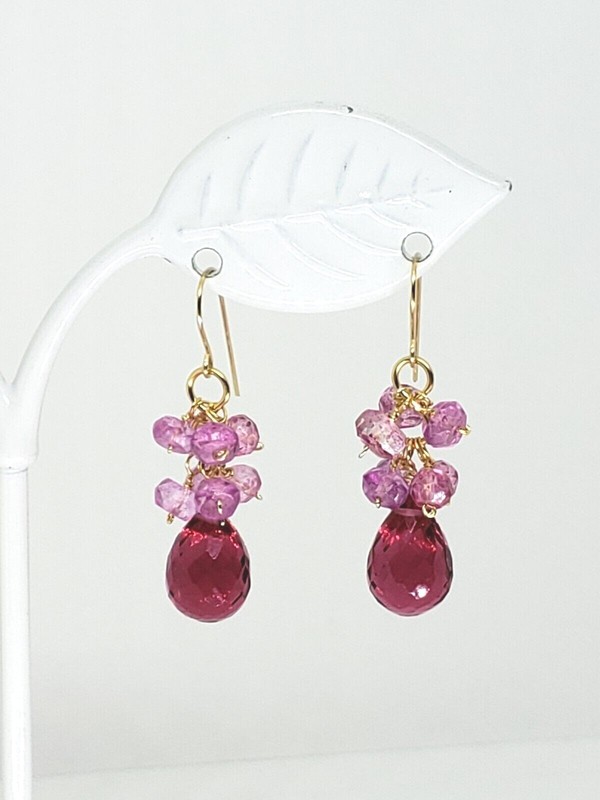 14k Yellow Gold Pink Topaz and Sim. Rubellite Briolette Drop Dangle Earrings