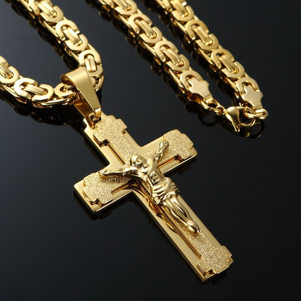 Mens Stainless Steel Cross Necklace Chain 18K Gold Filled Jesus Pendant ...