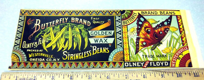 Antique 1890s Original Label Olney & Floyd Butterfly Brand Stringless Beans NEW