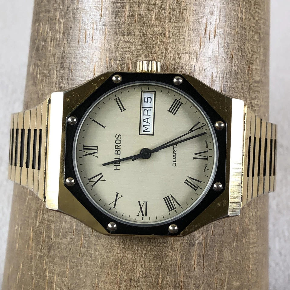 Vintage Helbros Quartz Watch Mens Gold Tone Roman Date Day Swiss Hong Kong 38mm - Image 2 of 4