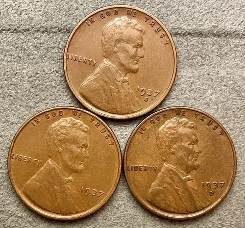 1937-p 1937-D 1937-S  Lincoln Wheat Cents - [XF EF] Extremely Fine ~ B675