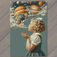 Art Print Orange Cosmic Clouds Girl Blow Surreal Planets Retro Whimsical Pop