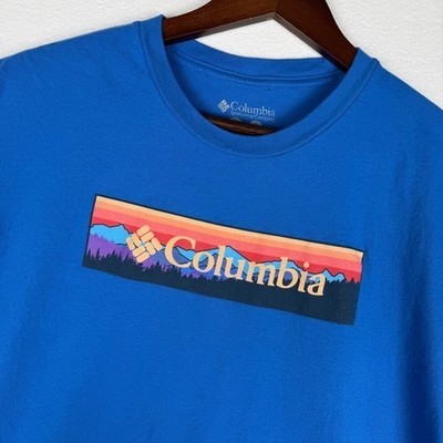 Columbia T-Shirt Mens Large Blue Short Sleeve Rainbow Mountain Box Logo