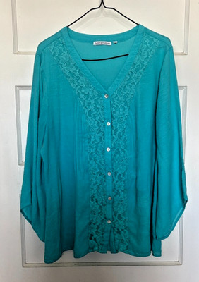 Notations Teal Button-Up Blouse with Lace Size XL