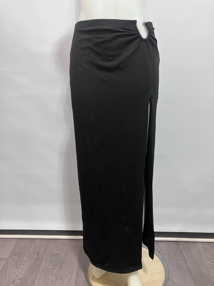 Glassons Size M Black Maxi Skirt Hardware Cut Out Slit Elegant Festival Y2K
