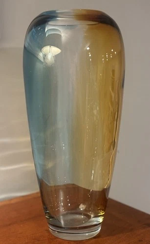 Vintage Murano Style Sommerso Art Glass Vase Blue Amber Cased Glass 13” MCM