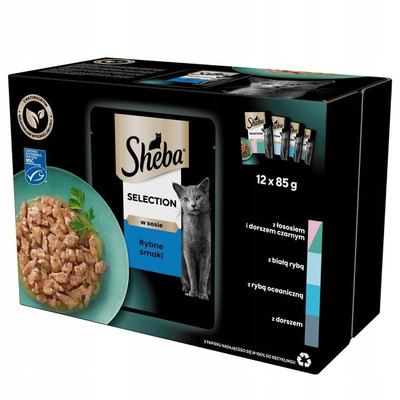 12x85 g SHEBA Selection Fisch Geschmacks in Soße Lachs, Kabeljau, Weißfisch