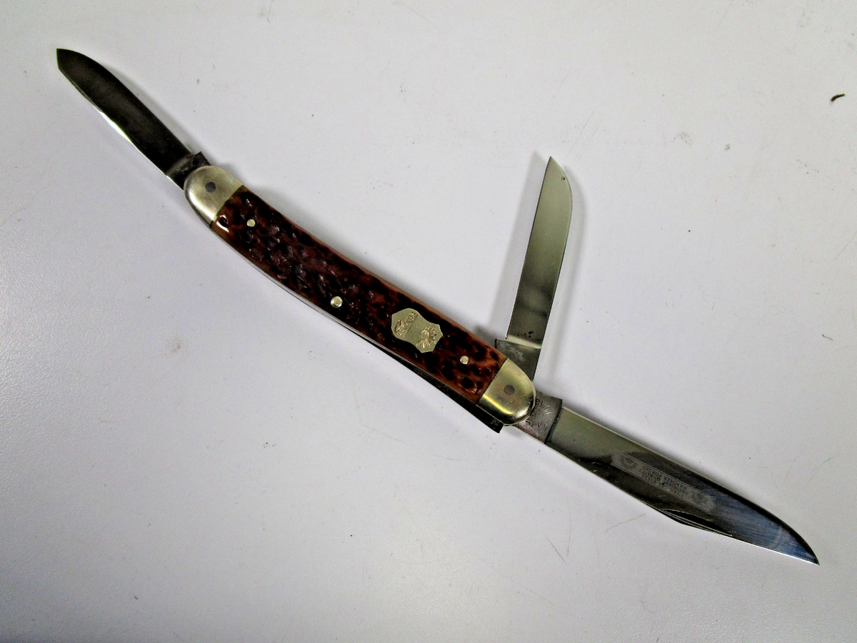 VINTAGE GERMANY EYE BRAND 3 BLADE STOCKMAN BONE HANDLE KNIFE