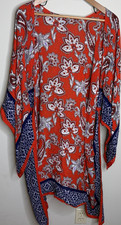 Red Floral Print Kimono Fringe with Blue Border