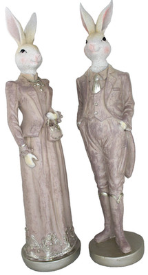 Hasenpaar elegant Dekofigur Set beige -rosee  Hasen Ostern H 34,5 cm Skulptur