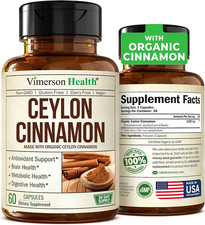 Organic Ceylon Cinnamon, 60 Capsules, Vegan Antioxidant Brain Health Made in USA
