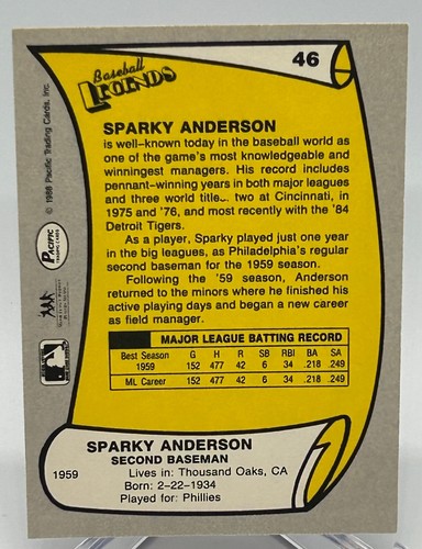 Tarjeta Sparky Anderson 1988 Pacific Trading #46 autografiada. NM+ HOF - Imagen 2 de 2