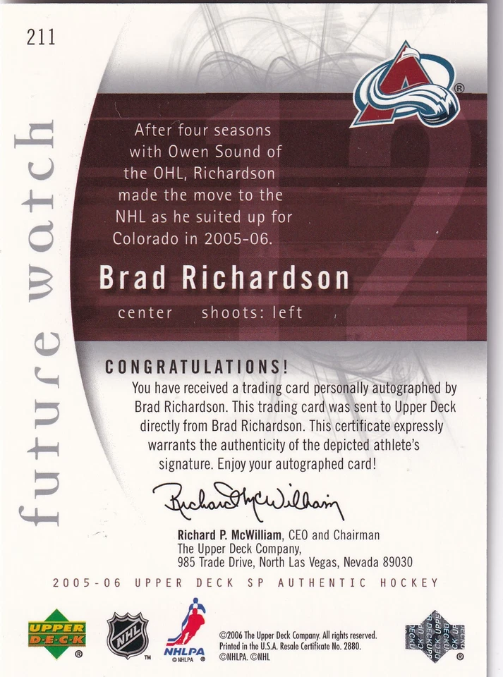 2005-06 SP Authentic #211 Brad Richardson AUTO 297/999 RC - Image 2 of 2